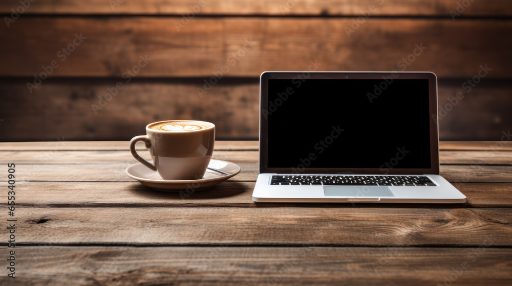 Coffee and laptop on a wooden table