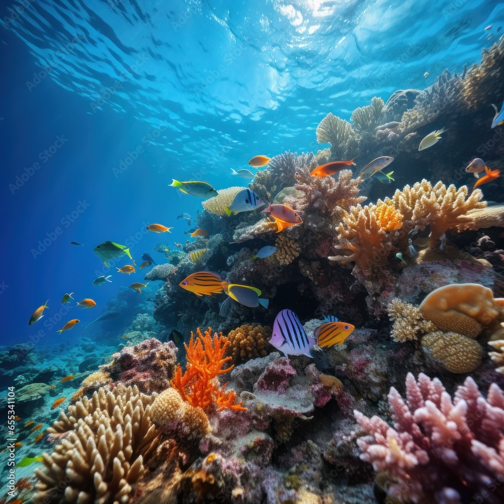 Colorful coral reef teeming with fish and marine life