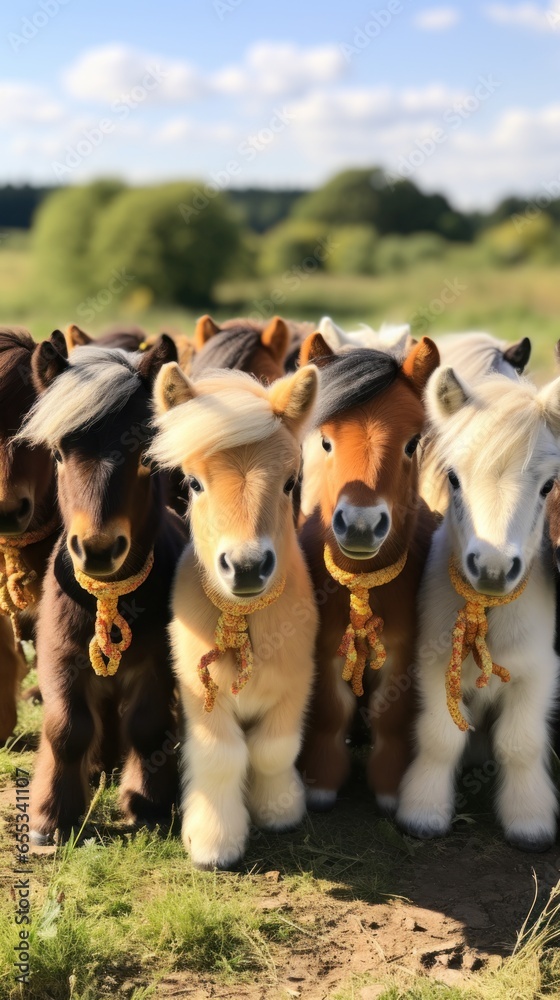 A group of hobbyhorses lined up on a field