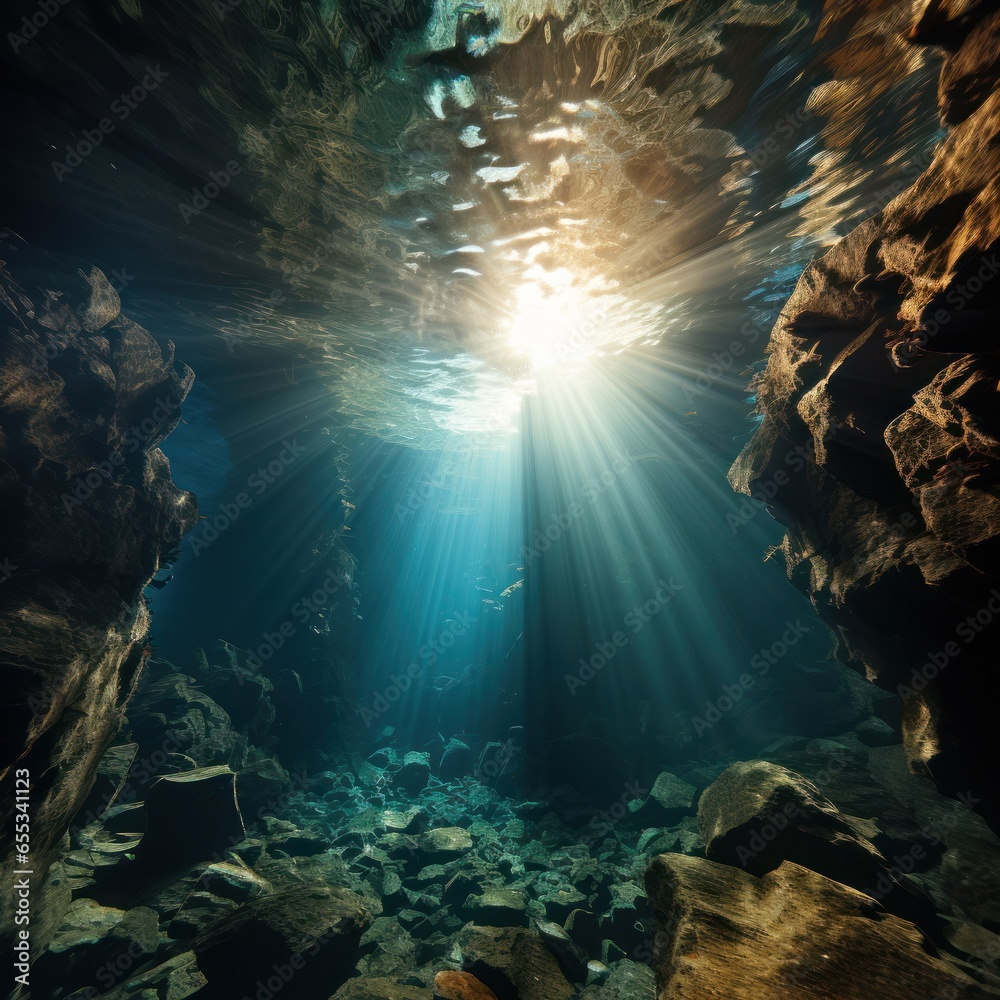 Dramatic underwater cave with beams of sunlight shining