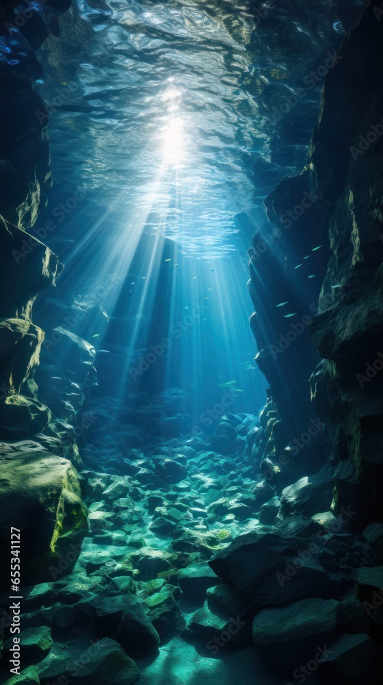 Dramatic underwater cave with beams of sunlight shining