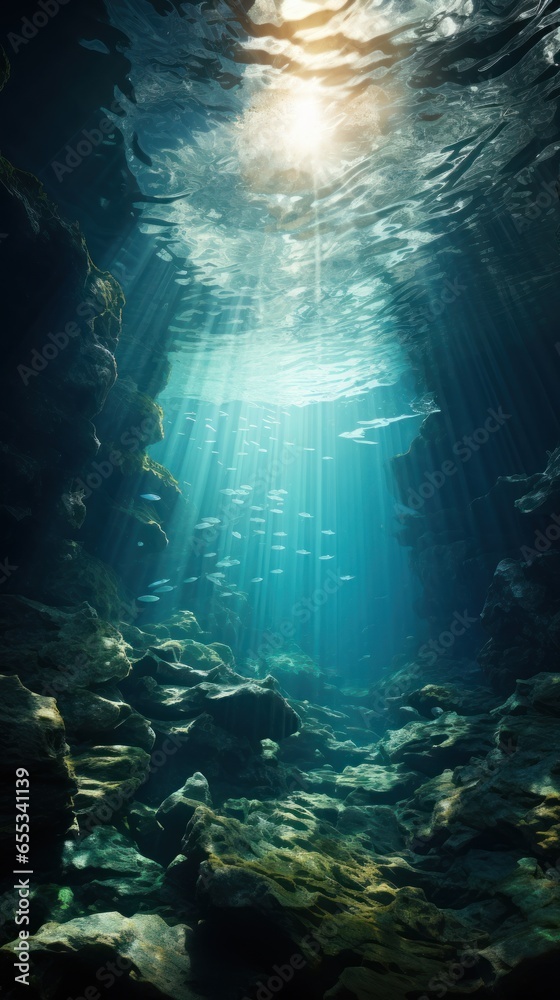 Dramatic underwater cave with beams of sunlight shining