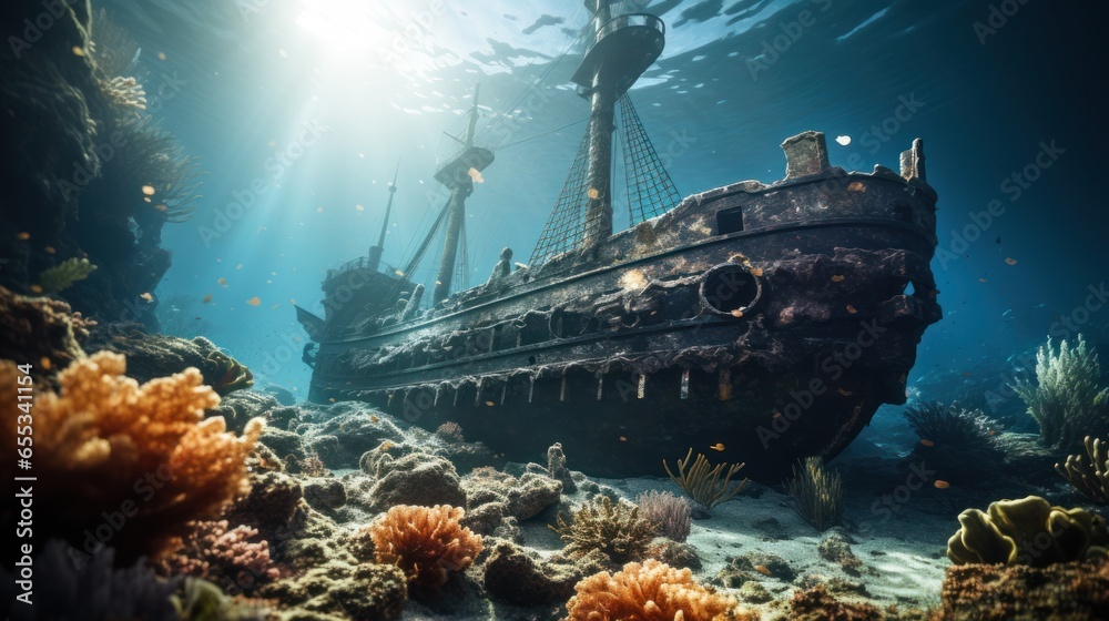 Eerie shipwreck resting on the ocean floor, surrounded by marine life