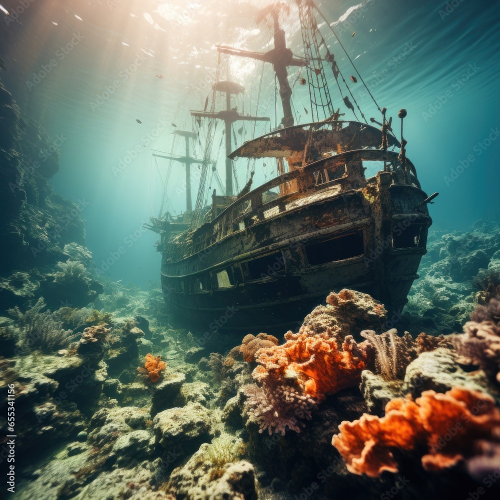 Eerie shipwreck resting on the ocean floor, surrounded by marine life