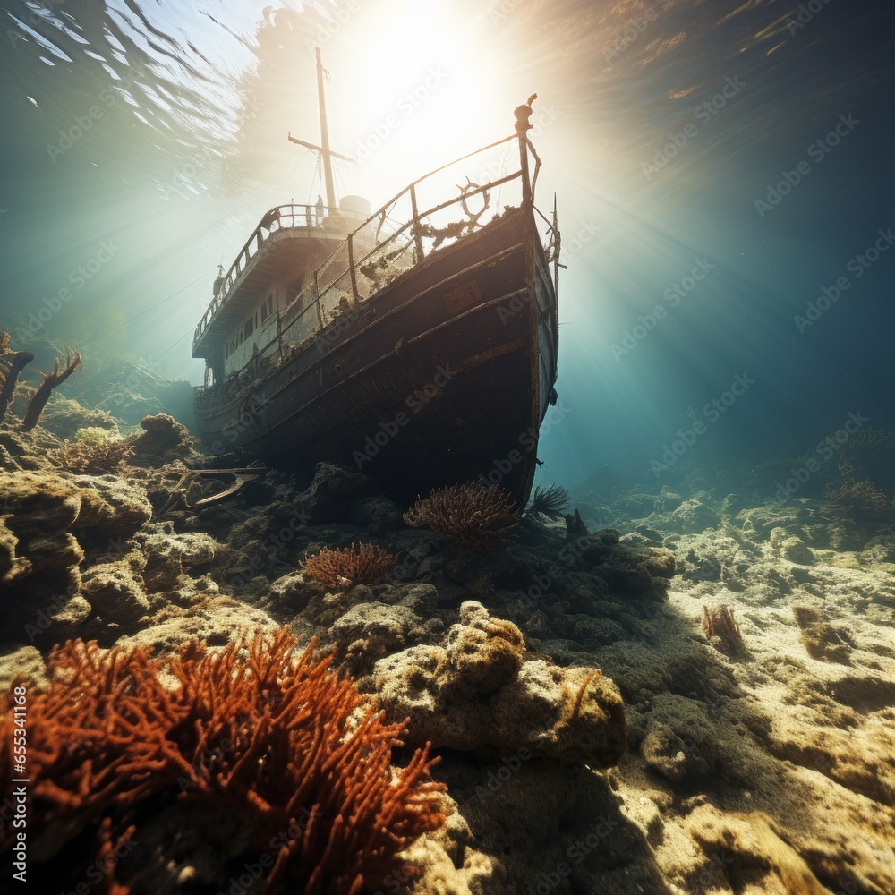 Eerie shipwreck resting on the ocean floor, surrounded by marine life