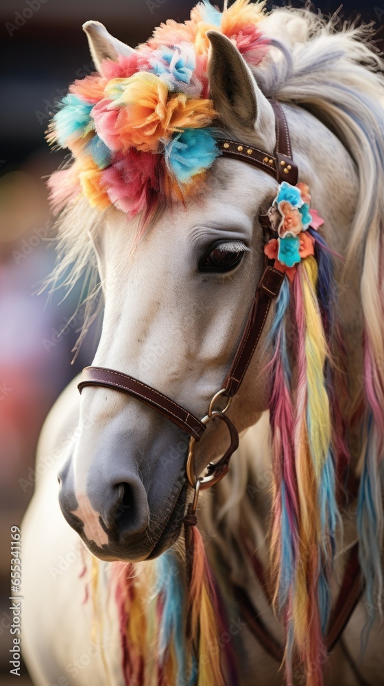 Close-up of a hobbyhorse with a colorful mane and reins