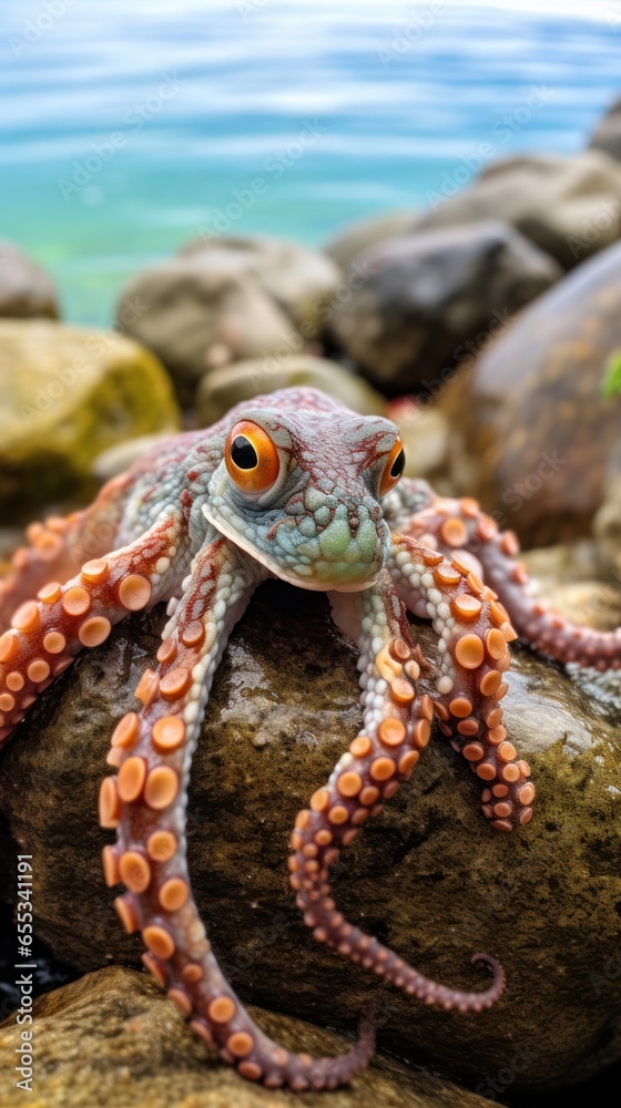 Elusive octopus camouflaged in the rocks and seaweed