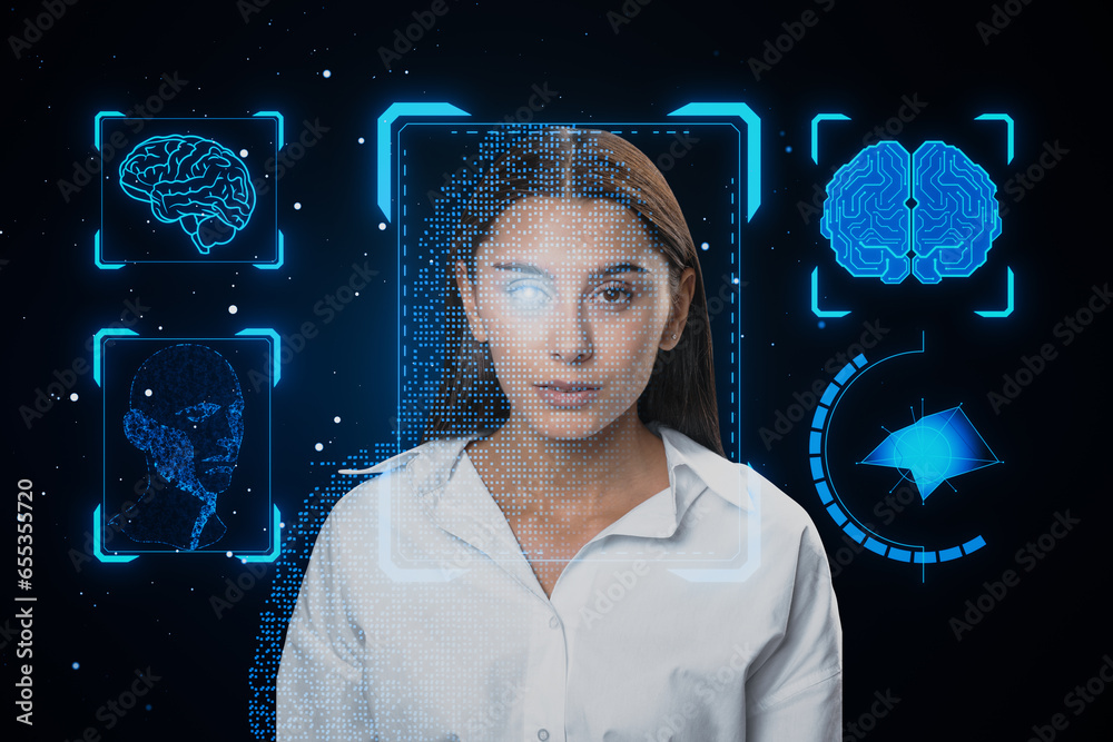 Portrait of attractive businesswoman with face recognition hologram on blurry blue background. Face ID and password concept.