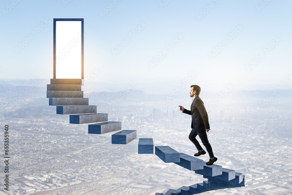 Attractive young caucasian businessman climbing sky stairs to success and opprtunity with open door and mock up place.