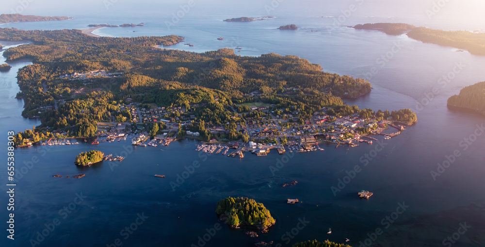 Vibrant Landscape on the West Coast of Pacific Ocean. Dramatic Sunset. Tofino. Aerial Nature Background Panorama