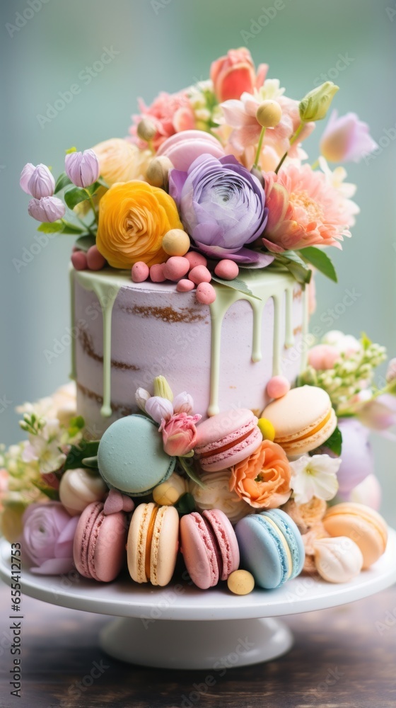 Pastel rainbow cake with macarons and flowers