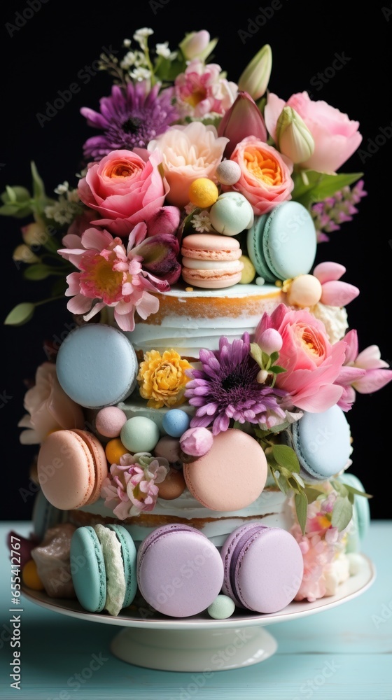 Pastel rainbow cake with macarons and flowers