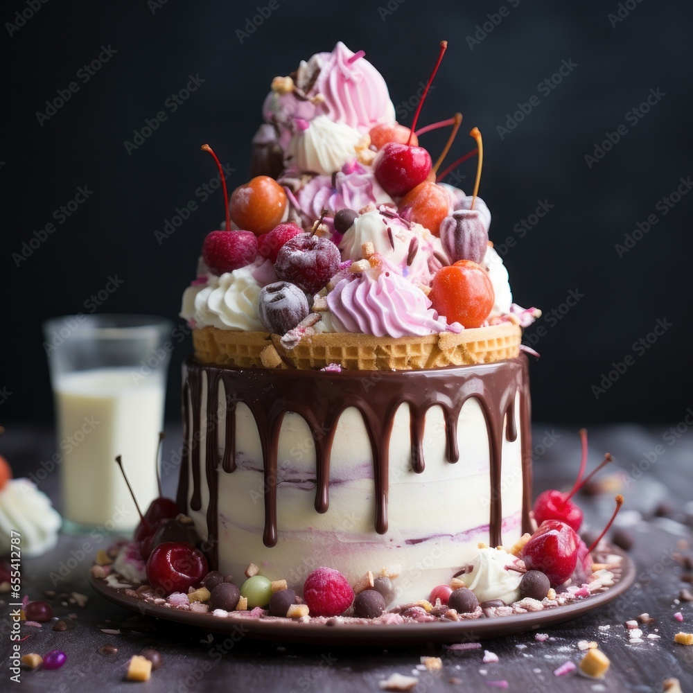 Playful ice cream cone cake with sprinkles and cherrie