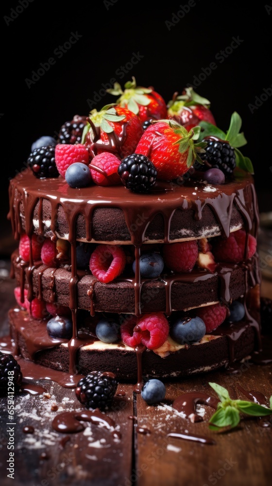 Decadent chocolate cake with drippy ganache and fresh berriesz