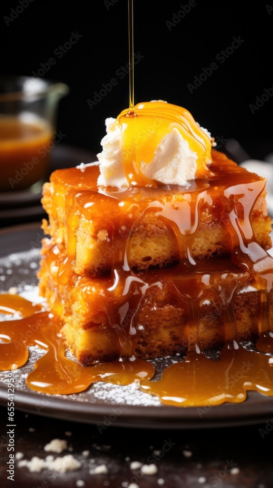 Gooey caramel cake drizzled with caramel sauce and sea salt