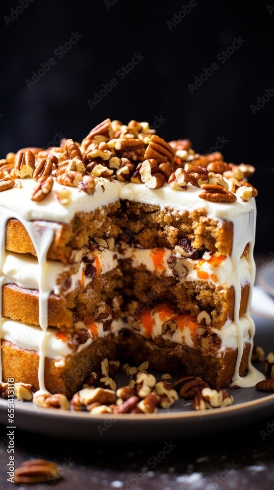 Moist carrot cake with cream cheese frosting and chopped pecans