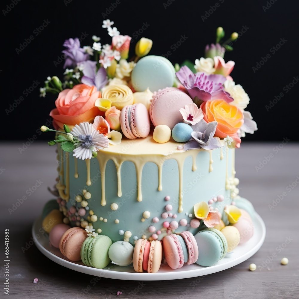 Pastel rainbow cake with macarons and flowers