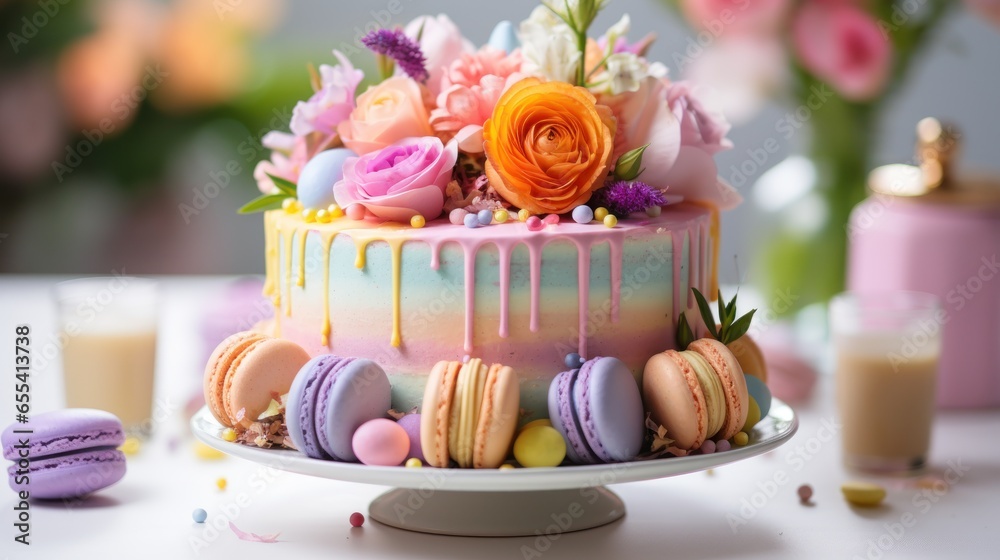 Pastel rainbow cake with macarons and flowers