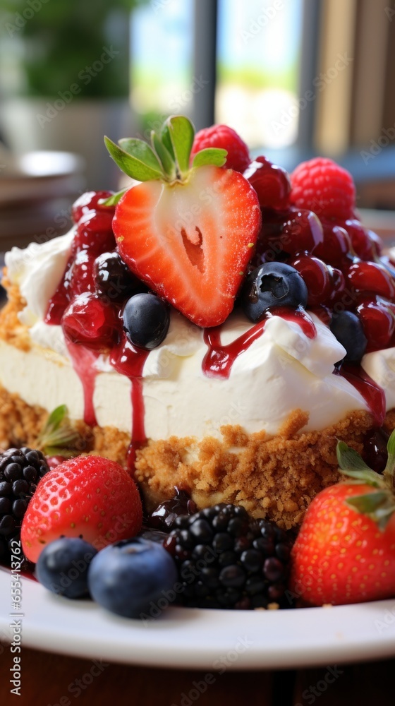 Rich and creamy cheesecake with graham cracker crust and fruit topping