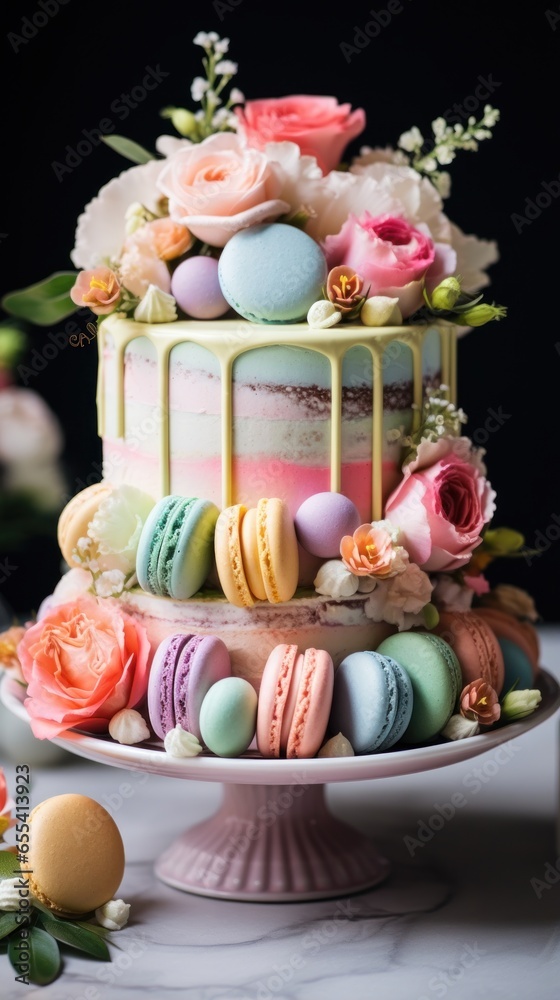 Pastel rainbow cake with macarons and flowers