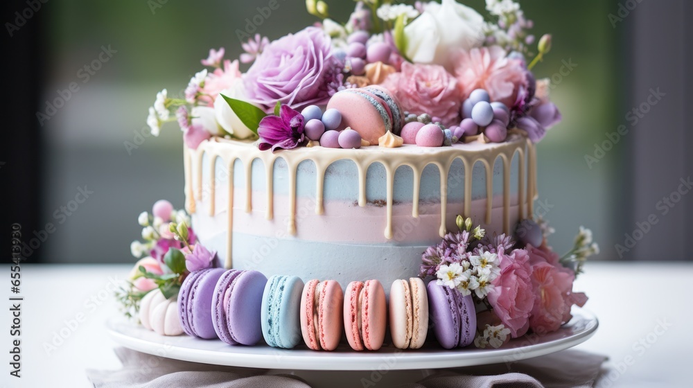 Pastel rainbow cake with macarons and flowers