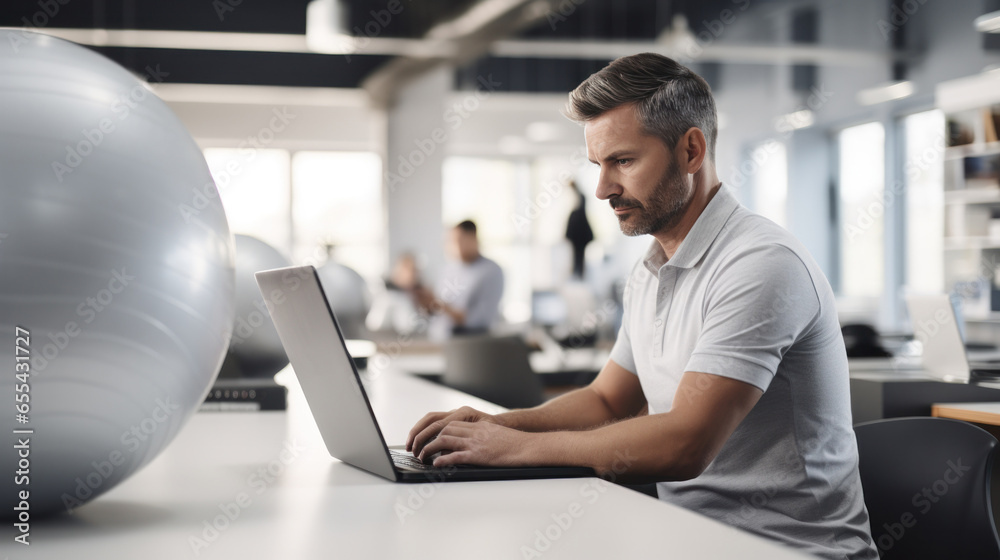 Man working on laptop while sitting on exercise ball