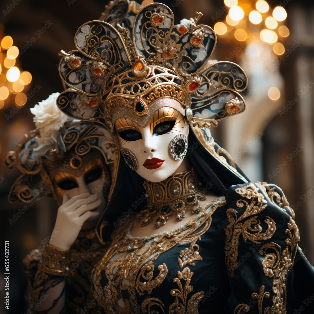 Masquerade ball at Venice Carnival with ornate masks and costumes