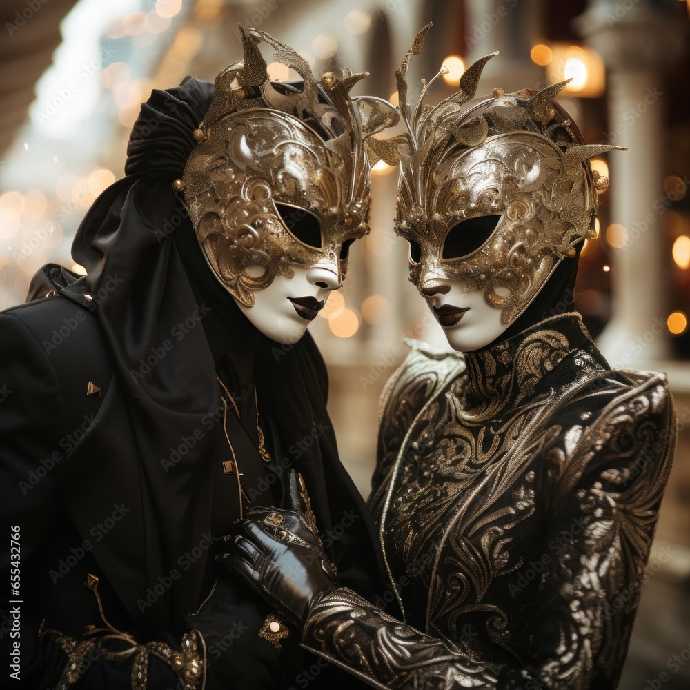 Masquerade ball at Venice Carnival with ornate masks and costumes