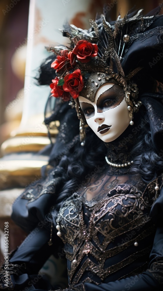 Masquerade ball at Venice Carnival with ornate masks and costumes