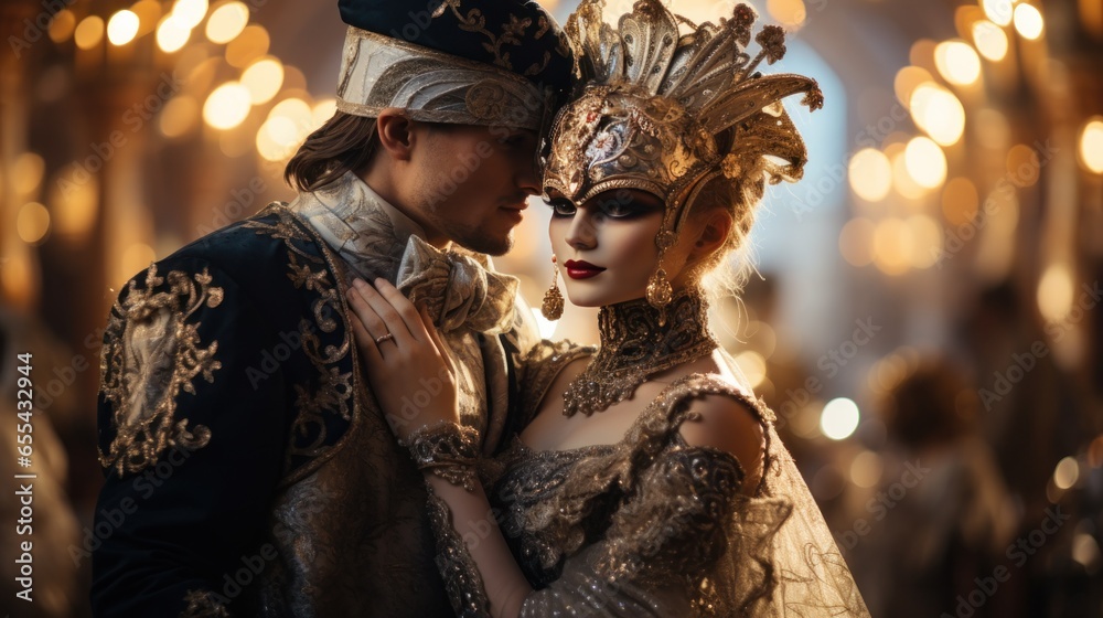 Masquerade ball at Venice Carnival with ornate masks and costumes