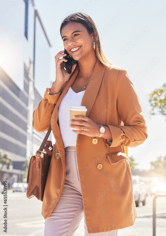 Phone call, coffee and business woman in city for journey, morning commute and travel for work. Networking, corporate worker and person walking on smartphone for communication, connection and contact