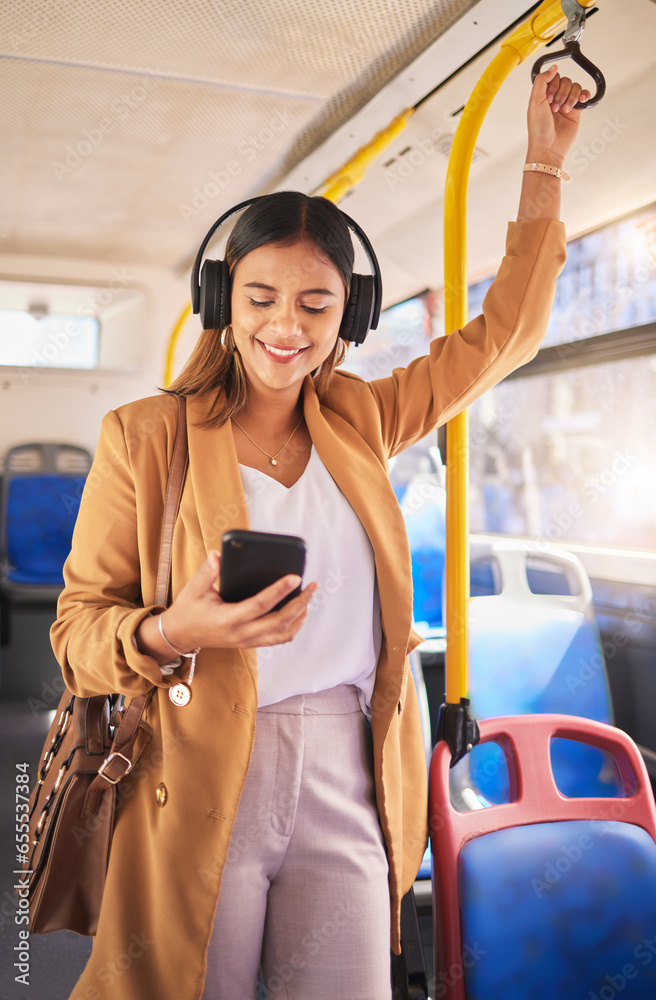 Woman in bus with smile, phone and headphones, travel on urban commute and streaming podcast on drive. Public transport, service and happy girl listening to music on cellphone for radio on mobile app