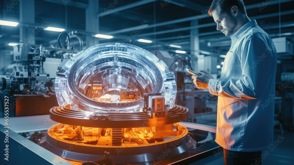 Professional Engineer works with holographic projection 3D model of the engine turbine prototype in high tech futuristic factory.