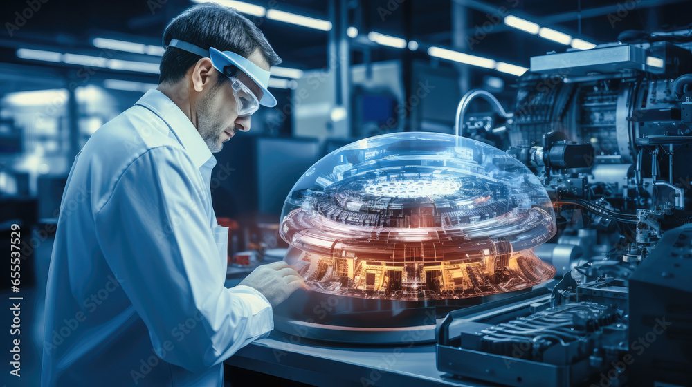 Professional Engineer works with holographic projection 3D model of the engine turbine prototype in high tech futuristic factory.