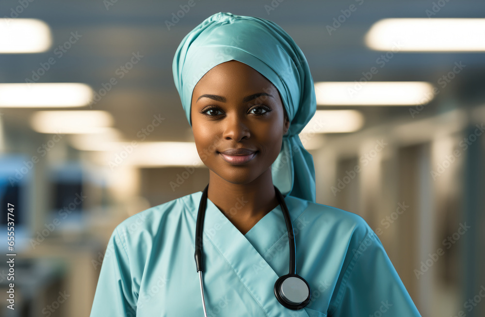 African staff woman in hospital hallway, Young nurse/doctor.