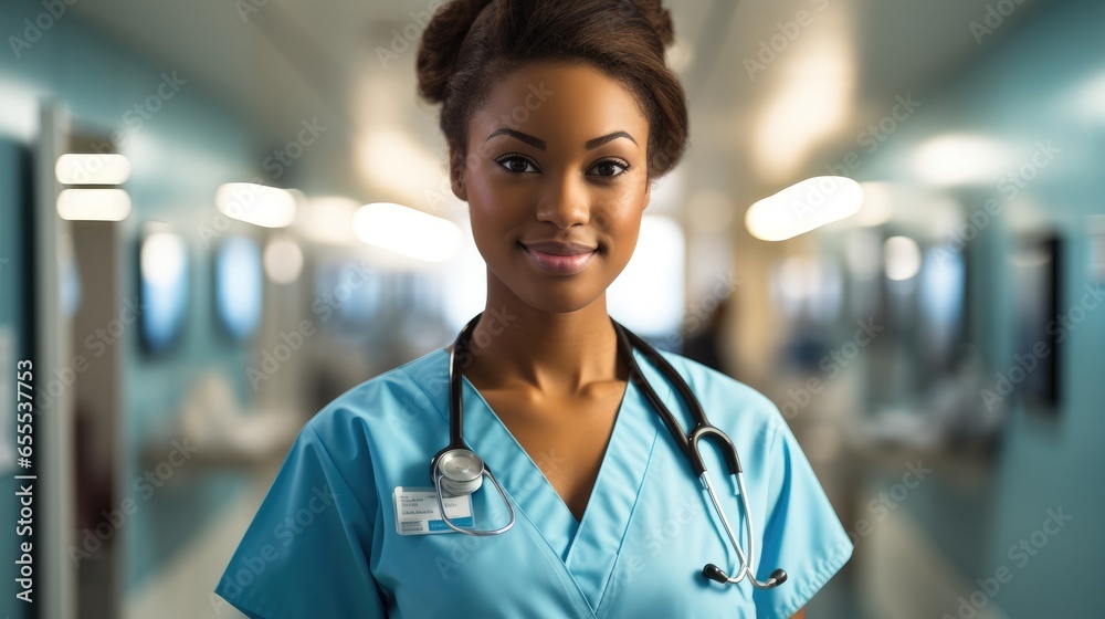 African staff woman in hospital hallway, Young nurse/doctor.