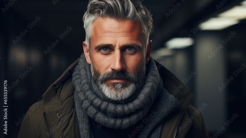 Portrait of middle aged caucasian man wearing winter clothes, Winter clothing concept.