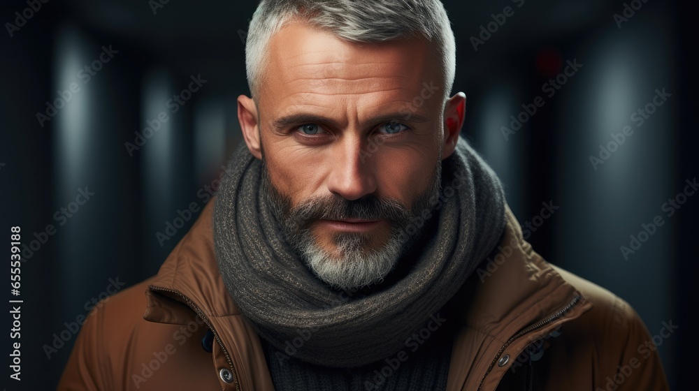 Portrait of middle aged caucasian man wearing winter clothes, Winter clothing concept.