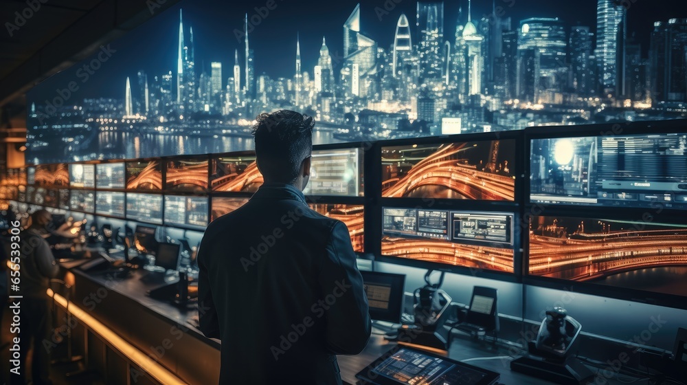 Technical man standing watching row of big monitors showing city view, Checking the safety of people within the city, Professional programming company workflow.