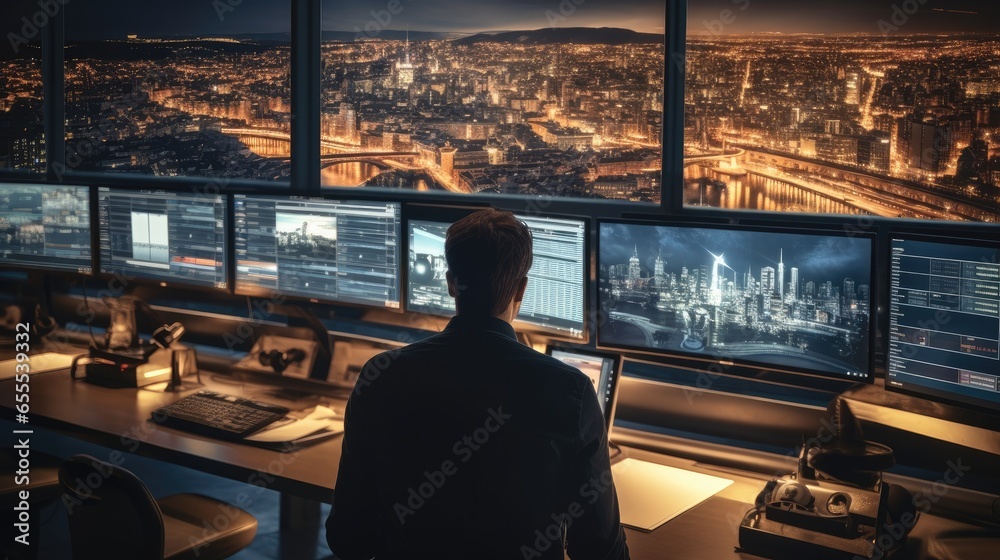 Technical man standing watching row of big monitors showing city view, Checking the safety of people within the city, Professional programming company workflow.