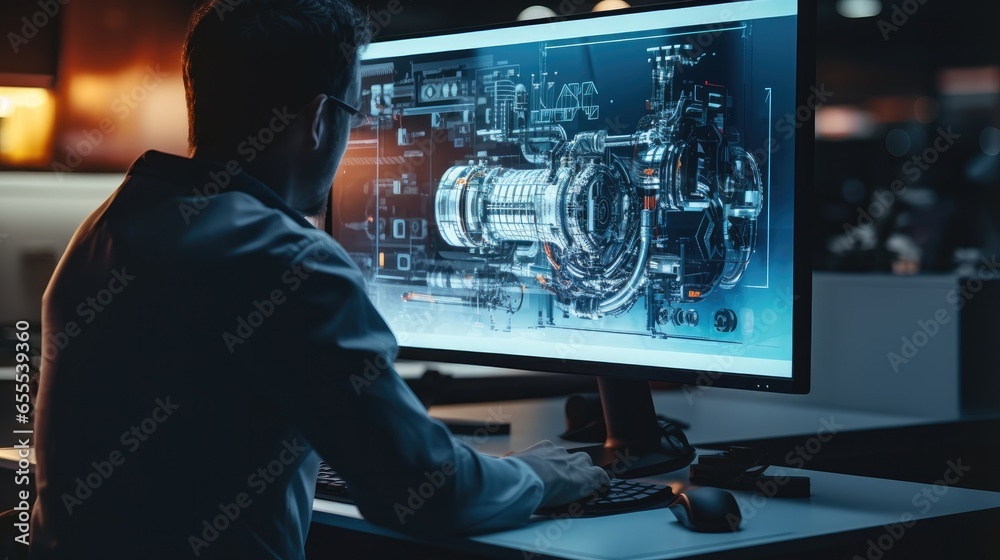 Engineer working on CAD software with Desktop Computer in Turbine engine high tech futuristic factory, Professionals Researching and Developing Engine Technology.