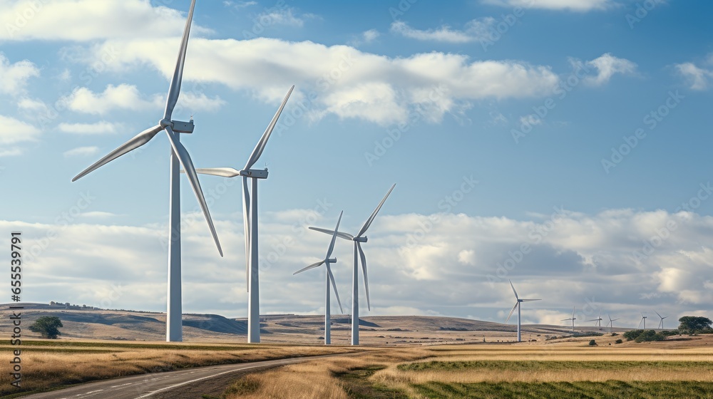 Row of wind turbines, Sustainable power is the future, Renewable energy.