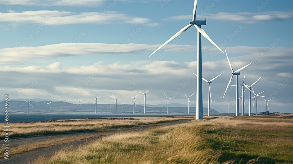 Row of wind turbines, Sustainable power is the future, Renewable energy.