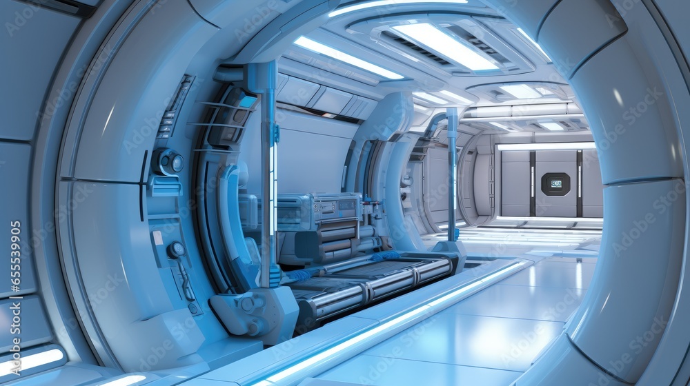 Science interior environment of technology laboratory on spaceship, High tech futuristic room.