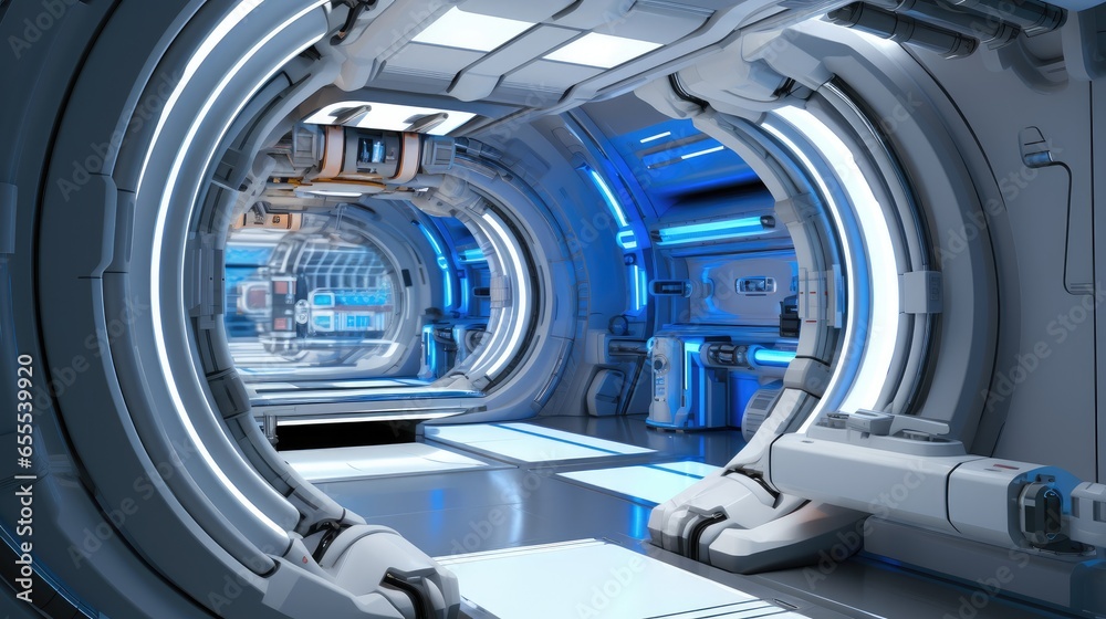 Science interior environment of technology laboratory on spaceship, High tech futuristic room.