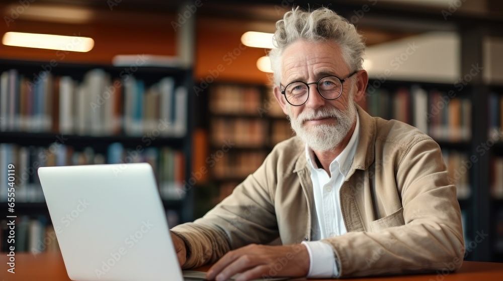 Senior professor using laptop at desk in the university library while preparing for a lecture.