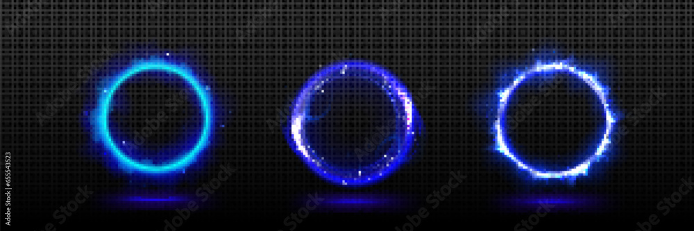 Blue neon 3d magic light glow effect on circle portal. Abstract vector ring energy flare. Isolated teleport radial electric frame with sparkle and steam. Mysterious circular fire luminous with smoke