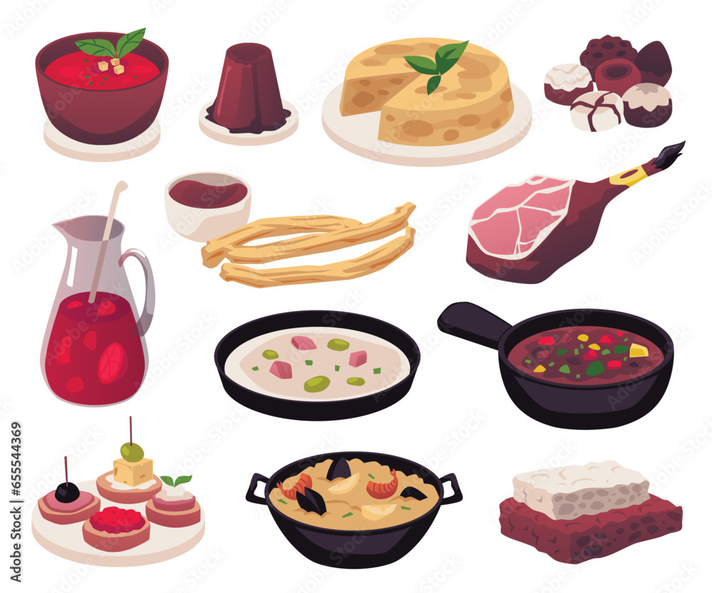 Spanish food best known dishes collection, flat vector illustration isolated.