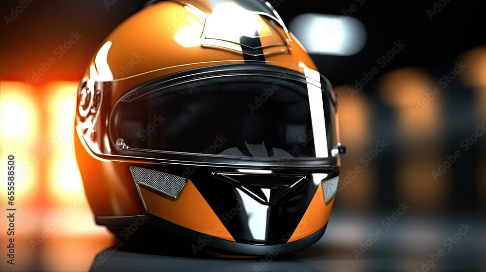 Racer helmet on asphalt, karting sport concept. Generative Ai