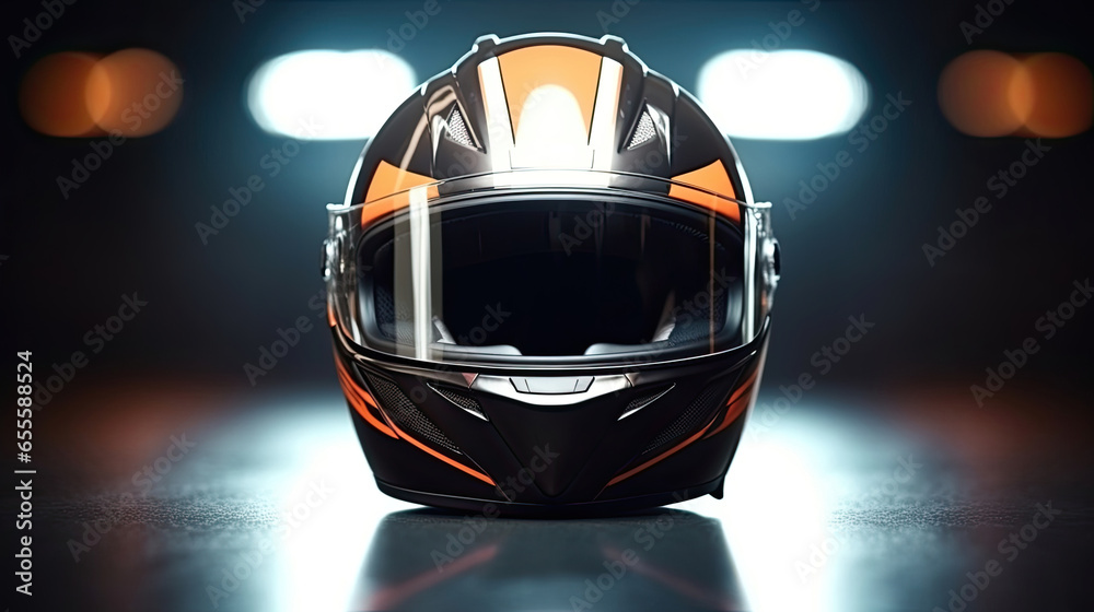 Racer helmet on asphalt, karting sport concept. Generative Ai